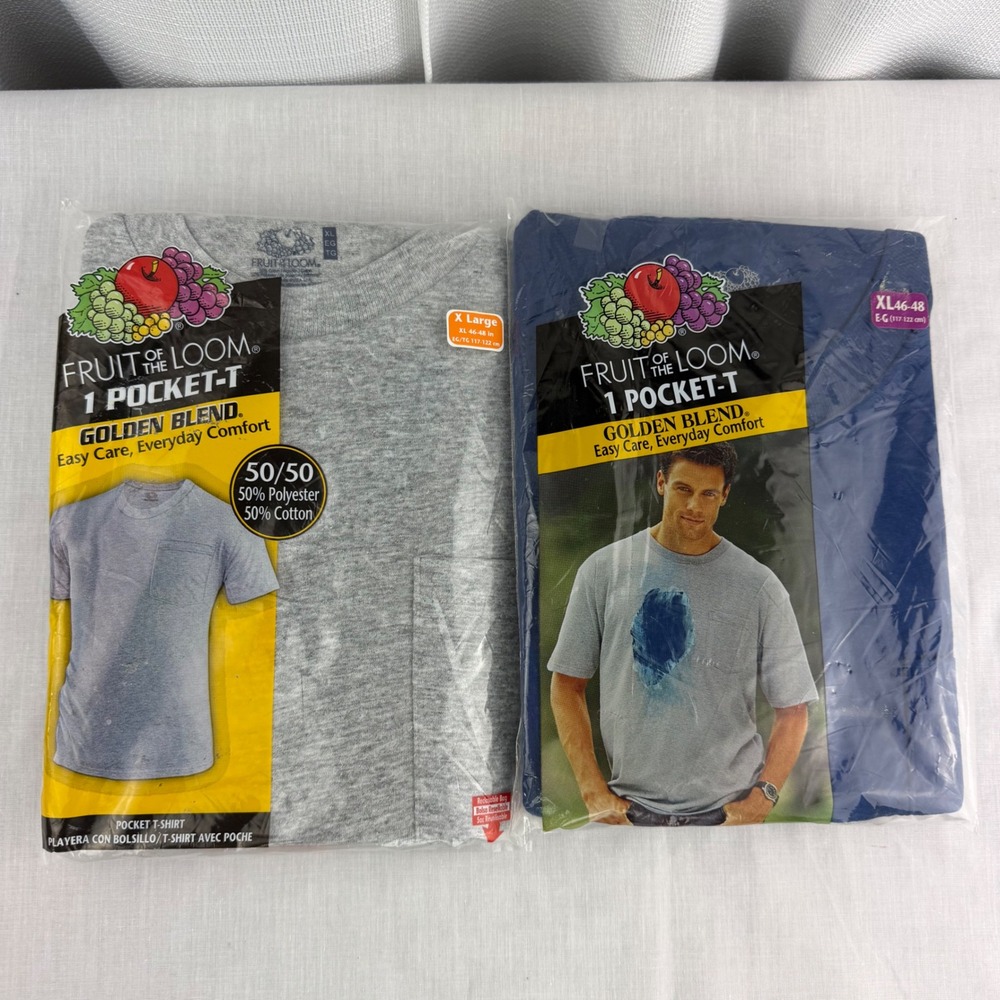 Vintage Fruit of the Loom 2 Pack Pocket T-Shirts XL Gray Navy Blue Golden Blend